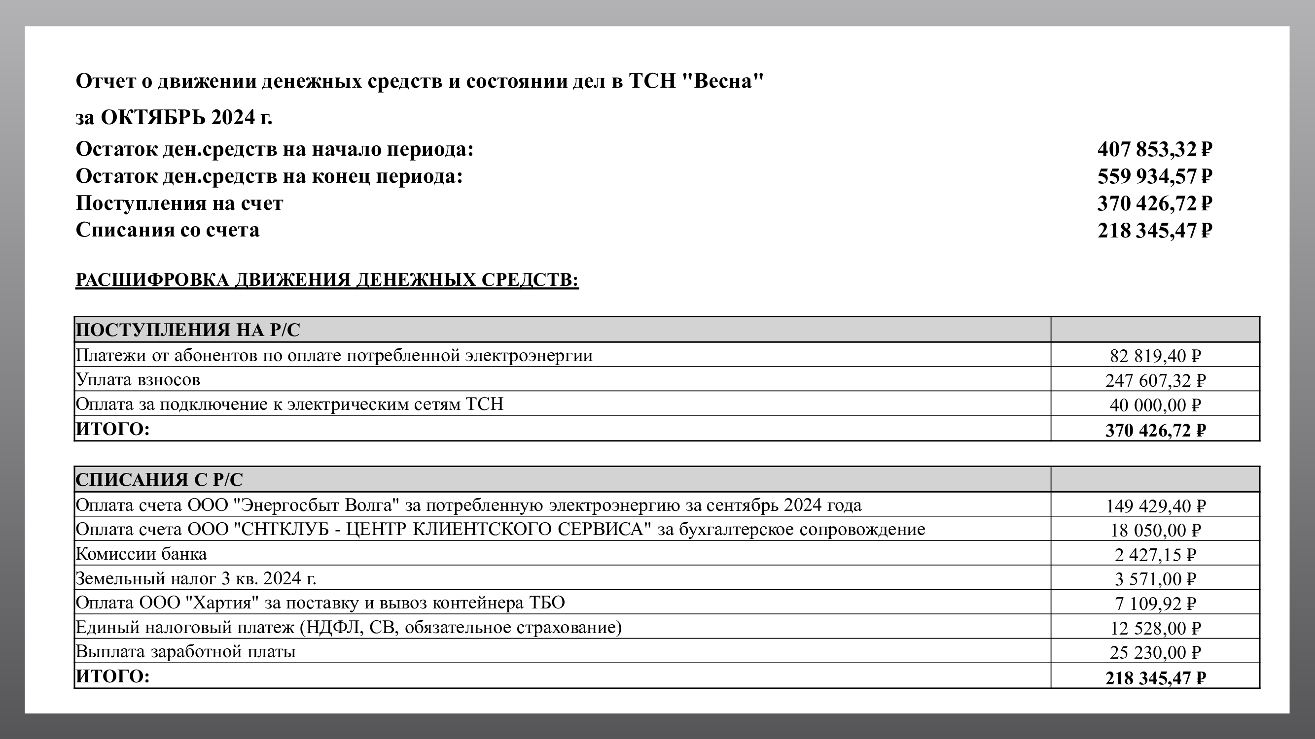 Отчет о движении денежных средств за ОКТЯБРЬ 2024 г.